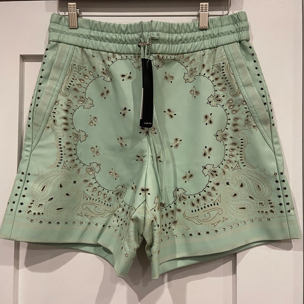 Amiri leather green bandana shorts